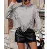 imageCHARTOU Women Boho Tassel Cable Knit Sweater Turtleneck Fringe Western Knitted Sweater Pullover Jumper TopGrey