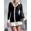 imageCHARTOU Women Fall Long Sleeve v Neck Sweater Dress Lapel Collar Back Cutout Ribbed Knit Mini DressBlack