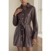 imageCHARTOU Women Faux Leather Mini Dress Long Sleeve Snap Button PU Leather Party Dress with BeltBrown