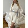 imageCHARTOU Women Rib Knitted Sweater Dress Fall Crewneck Flared Long Sleeve Ruffle Peplum Mini Dress with BeltBeige
