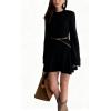 imageCHARTOU Women Rib Knitted Sweater Dress Fall Crewneck Flared Long Sleeve Ruffle Peplum Mini Dress with BeltBlack