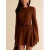 imageCHARTOU Women Rib Knitted Sweater Dress Fall Crewneck Flared Long Sleeve Ruffle Peplum Mini Dress with BeltBrown