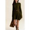 imageCHARTOU Women Rib Knitted Sweater Dress Fall Crewneck Flared Long Sleeve Ruffle Peplum Mini Dress with BeltGreen