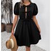 imageCHARTOU Women Summer Tie Front Mini Dress Puff Sleeve Elastic Waist A Line Babydoll DressBlack