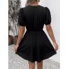 imageCHARTOU Women Summer Tie Front Mini Dress Puff Sleeve Elastic Waist A Line Babydoll DressBlack