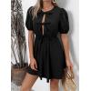 imageCHARTOU Women Summer Tie Front Mini Dress Puff Sleeve Elastic Waist A Line Babydoll DressBlack