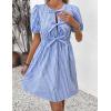 imageCHARTOU Women Summer Tie Front Mini Dress Puff Sleeve Elastic Waist A Line Babydoll DressBlue