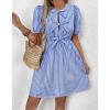 imageCHARTOU Women Summer Tie Front Mini Dress Puff Sleeve Elastic Waist A Line Babydoll DressBlue