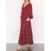 imageCHARTOU Womens Boho Flowy Chiffon Floral V Neck Maxi Dress Elegant Raglan Sleeve Long Vacation Sun DressesRed