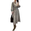 imageCHARTOU Women Long Sleeve Plaid Dress Front Half Button Flowy Gingham Long Casual Shirt Dresses with BeltGrey