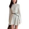 imageCHARTOU Women Rib Knitted Sweater Dress Fall Crewneck Flared Long Sleeve Ruffle Peplum Mini Dress with BeltBeige