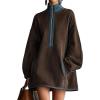 imageCHARTOU Women Suede Mini Dress Lantern Long Sleeve Half Zip Babydoll Tunic Loose Short Faux Leather DressBrown