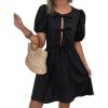 imageCHARTOU Women Summer Tie Front Mini Dress Puff Sleeve Elastic Waist A Line Babydoll DressBlack