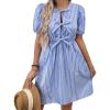 imageCHARTOU Women Summer Tie Front Mini Dress Puff Sleeve Elastic Waist A Line Babydoll DressBlue