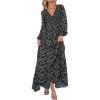 imageCHARTOU Womens Boho Flowy Chiffon Floral V Neck Maxi Dress Elegant Raglan Sleeve Long Vacation Sun DressesBlack