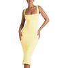 imageCHARTOU Womens Sexy Tight Sleeveless Bodycon Tank Midi Dress Stretch Plain Lace Trim Square Neck Party DressYellow