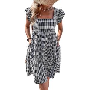 imageCHARTOU Women Babydoll Mini Dress Ruffle Cap Sleeve Flowy Plaid Short Dress with PocketsBlack