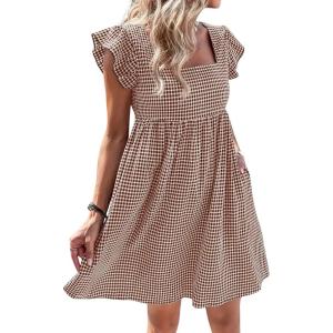 imageCHARTOU Women Babydoll Mini Dress Ruffle Cap Sleeve Flowy Plaid Short Dress with PocketsCoffee