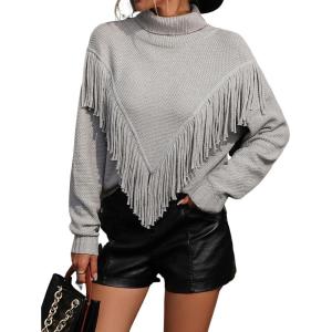 imageCHARTOU Women Boho Tassel Cable Knit Sweater Turtleneck Fringe Western Knitted Sweater Pullover Jumper TopGrey