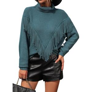 imageCHARTOU Women Boho Tassel Cable Knit Sweater Turtleneck Fringe Western Knitted Sweater Pullover Jumper TopLake Blue