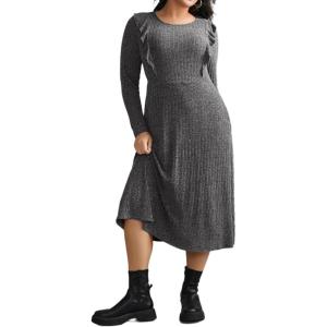 imageCHARTOU Women Fall Dress Long Sleeve Flowy Ruffle Trim Rib Knit Sweater Dress with PocketsGrey