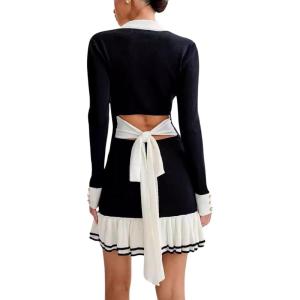 imageCHARTOU Women Fall Long Sleeve v Neck Sweater Dress Lapel Collar Back Cutout Ribbed Knit Mini DressBlack