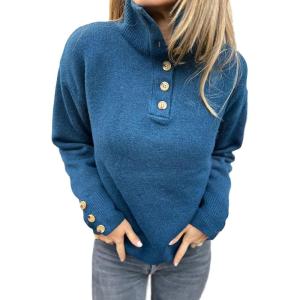 imageCHARTOU Women Fall Polo Collared Sweater Quarter Button Loose Golf Pullover Sweater Jumper TopsBlue