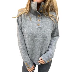 imageCHARTOU Women Fall Polo Collared Sweater Quarter Button Loose Golf Pullover Sweater Jumper TopsGrey