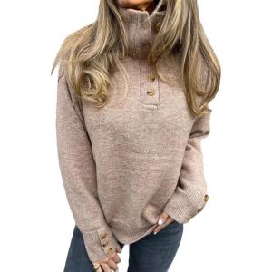 imageCHARTOU Women Fall Polo Collared Sweater Quarter Button Loose Golf Pullover Sweater Jumper TopsKhaki