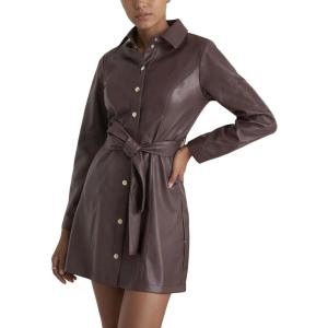 imageCHARTOU Women Faux Leather Mini Dress Long Sleeve Snap Button PU Leather Party Dress with BeltBrown