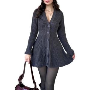 imageCHARTOU Women Long Sleeve Fall Dresses Button Down Cinched Wasited Stretch Knit Sweater DressGrey