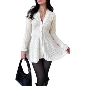 imageCHARTOU Women Long Sleeve Fall Dresses Button Down Cinched Wasited Stretch Knit Sweater DressWhite