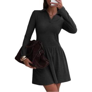 imageCHARTOU Women Long Sleeve Fall Mini Dress Casual A Line Fleece Lined Lapel Tennis DressesBlack