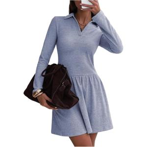 imageCHARTOU Women Long Sleeve Fall Mini Dress Casual A Line Fleece Lined Lapel Tennis DressesBlue