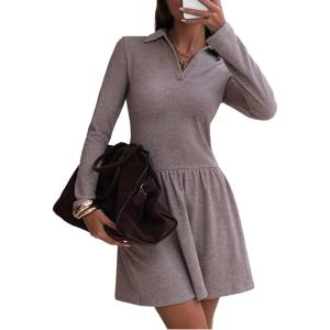 imageCHARTOU Women Long Sleeve Fall Mini Dress Casual A Line Fleece Lined Lapel Tennis DressesCoffee