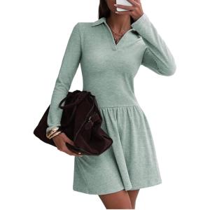imageCHARTOU Women Long Sleeve Fall Mini Dress Casual A Line Fleece Lined Lapel Tennis DressesGreen