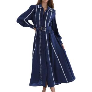 imageCHARTOU Women Long Sleeve Flowy Dresses Contrast Trim Patchwork Button Down Shirt Long Dress with BeltBlue