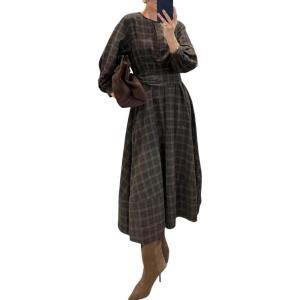 imageCHARTOU Women Long Sleeve Plaid Dress Front Half Button Flowy Gingham Long Casual Shirt Dresses with BeltGreen
