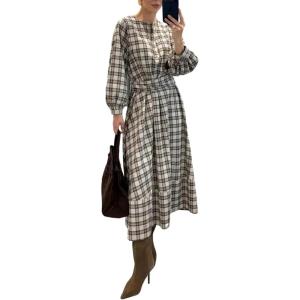 imageCHARTOU Women Long Sleeve Plaid Dress Front Half Button Flowy Gingham Long Casual Shirt Dresses with BeltGrey