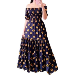 imageCHARTOU Women Off Shoulder Maxi Dress Pleated Smocked Floral Summer Dress Boho Beach Long Flowy Dress PrintBlack