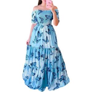 imageCHARTOU Women Off Shoulder Maxi Dress Pleated Smocked Floral Summer Dress Boho Beach Long Flowy Dress PrintButterfly B