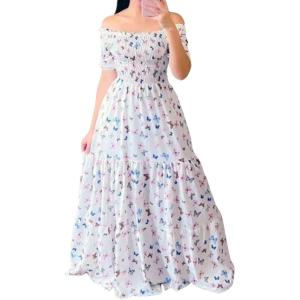 imageCHARTOU Women Off Shoulder Maxi Dress Pleated Smocked Floral Summer Dress Boho Beach Long Flowy Dress PrintButterfly C