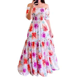 imageCHARTOU Women Off Shoulder Maxi Dress Pleated Smocked Floral Summer Dress Boho Beach Long Flowy Dress PrintFlower B