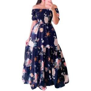 imageCHARTOU Women Off Shoulder Maxi Dress Pleated Smocked Floral Summer Dress Boho Beach Long Flowy Dress PrintFlower C