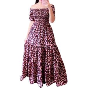 imageCHARTOU Women Off Shoulder Maxi Dress Pleated Smocked Floral Summer Dress Boho Beach Long Flowy Dress PrintLeopard