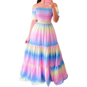 imageCHARTOU Women Off Shoulder Maxi Dress Pleated Smocked Floral Summer Dress Boho Beach Long Flowy Dress PrintRainbow
