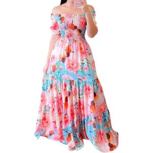 imageCHARTOU Women Off Shoulder Maxi Dress Pleated Smocked Floral Summer Dress Boho Beach Long Flowy Dress PrintRose