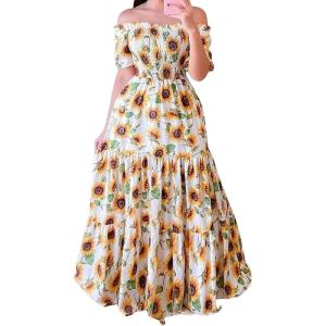 imageCHARTOU Women Off Shoulder Maxi Dress Pleated Smocked Floral Summer Dress Boho Beach Long Flowy Dress PrintSunflower