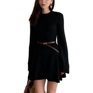 imageCHARTOU Women Rib Knitted Sweater Dress Fall Crewneck Flared Long Sleeve Ruffle Peplum Mini Dress with BeltBlack