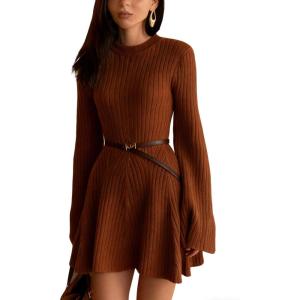 imageCHARTOU Women Rib Knitted Sweater Dress Fall Crewneck Flared Long Sleeve Ruffle Peplum Mini Dress with BeltBrown
